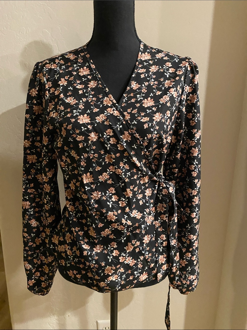Black Floral Wrap Blouse with Peach Blooms